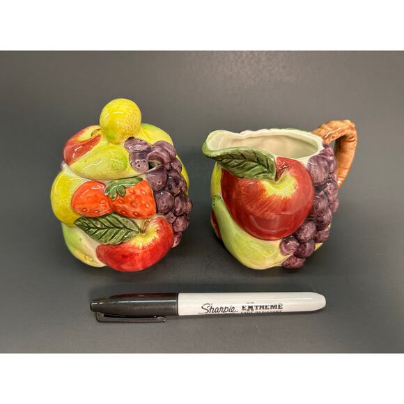 Pottery Barn Creamer and Sugar, Raised Fruit Pattern, VTG Japan Farmhouse Decor - Picture 4 of 7